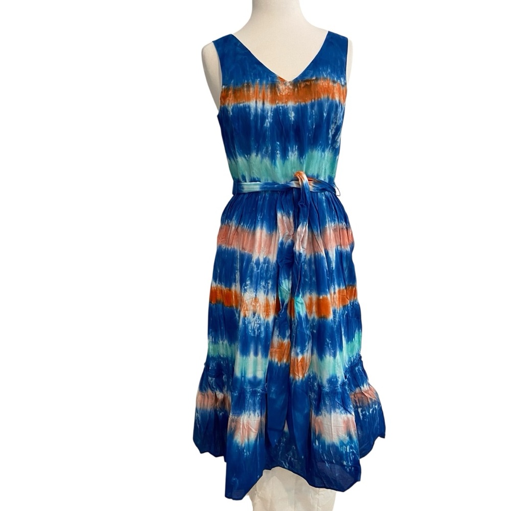 Hatley Sidney midi dress NWOT woven Vneckline sleeveless blue tie dye belt large